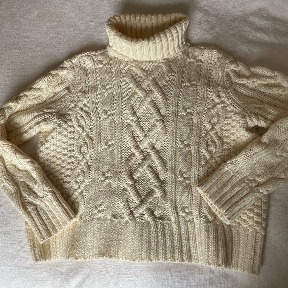 Lands' End Cream Cable Knit Turtleneck Sweater